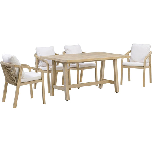 5-Piece Outdoor Dining Set, Solid Eucalyptus Wood Patio Furniture with Handwoven Rope Chairs, Weather-Resistant Cushions, Large Table for Backyard, Deck or Balcony, Natural Finish