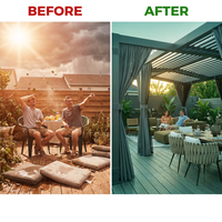 12X20 Louvered Pergola,Dark Grey Aluminum Frame with Adjustable Rainproof Roof, Featuring Waterproof Curtains and Nets — Before & After