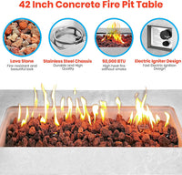 Concrete Outdoor Propane Fire Pit Table, 50,000 BTU Square Gas Fire Table with Adjustable Flame, Lava Rocks, Weather-Resistant Design, and Protective Cover for Patio, Deck, or Backyard