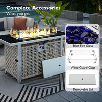 43 In. Propane Gas Fire Pit Table, 60000 BTU Rectangular Open Weave Wicker Fire Pit with Glass Wind Guard in Gray