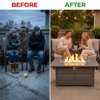 43 In. Propane Gas Fire Pit Table, 60000 BTU Rectangular Open Weave Wicker Fire Pit with Glass Wind Guard in Gray — Before & After