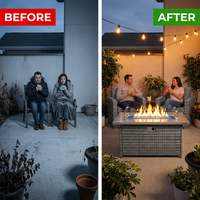 43 In. Propane Gas Fire Pit Table, 60000 BTU Rectangular Open Weave Wicker Fire Pit with Glass Wind Guard in Gray — Before & After
