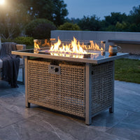 43 In. Propane Gas Fire Pit Table, 60000 BTU Rectangular Open Weave Wicker Fire Pit with Glass Wind Guard in Gray — Studio Shot