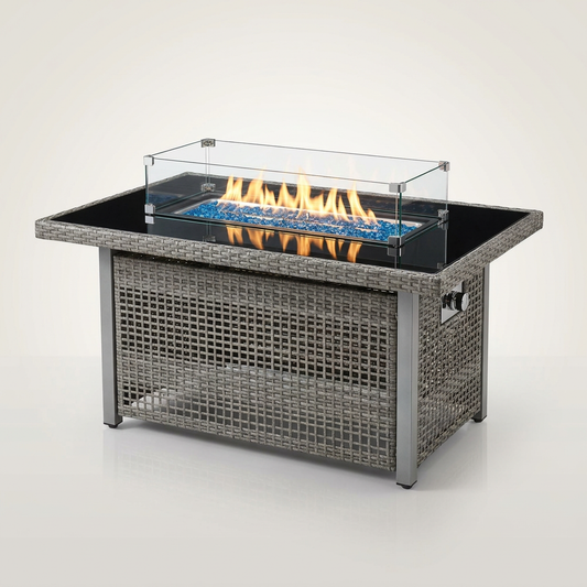 43 In. Propane Gas Fire Pit Table, 60000 BTU Rectangular Open Weave Wicker Fire Pit with Glass Wind Guard in Gray — Studio Shot