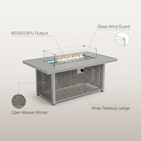 43 In. Propane Gas Fire Pit Table, 60000 BTU Rectangular Open Weave Wicker Fire Pit with Glass Wind Guard in Gray — infographic