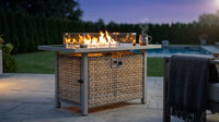 43 In. Propane Gas Fire Pit Table, 60000 BTU Rectangular Open Weave Wicker Fire Pit with Glass Wind Guard in Gray — Lifestyle