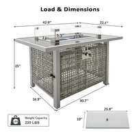 43 In. Propane Gas Fire Pit Table, 60000 BTU Rectangular Open Weave Wicker Fire Pit with Glass Wind Guard in Gray