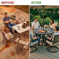 5-Piece Metal Outdoor Dining Set with Beige Cushions and Swivel Dining Chairs — Before & After