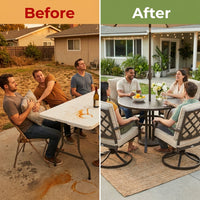 5-Piece Metal Outdoor Dining Set with Beige Cushions and Swivel Dining Chairs — Before & After