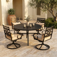 5-Piece Metal Outdoor Dining Set with Beige Cushions and Swivel Dining Chairs — Studio Shot