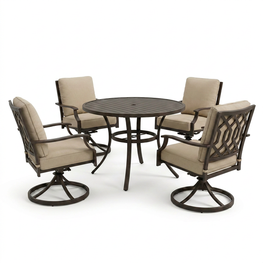5-Piece Metal Outdoor Dining Set with Beige Cushions and Swivel Dining Chairs — Studio Shot