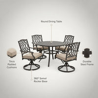 5-Piece Metal Outdoor Dining Set with Beige Cushions and Swivel Dining Chairs — infographic