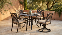 5-Piece Metal Outdoor Dining Set with Beige Cushions and Swivel Dining Chairs — Lifestyle