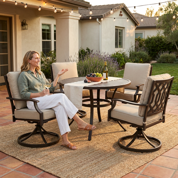 Outdoor Dining Set Designed for Year-Round Use, 5-Piece Metal Frame, Swivel Rocker Chairs, Beige Cushions