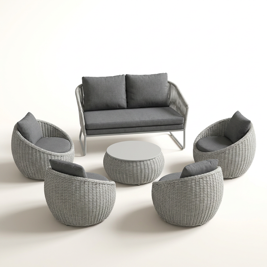6-Piece Aluminum Patio Furniture Set, Olefin Rope Modern Outdoor Conversation Set Sectional Sofa with Water Repellent Thick Cushions and Coffee Table for Balcony, Garden, Light Grey — Studio Shot