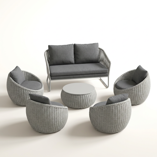 6-Piece Aluminum Patio Furniture Set, Olefin Rope Modern Outdoor Conversation Set Sectional Sofa with Water Repellent Thick Cushions and Coffee Table for Balcony, Garden, Light Grey — Studio Shot