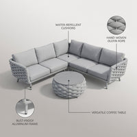 6-Piece Aluminum Patio Furniture Set, Olefin Rope Modern Outdoor Conversation Set Sectional Sofa with Water Repellent Thick Cushions and Coffee Table for Balcony, Garden, Light Grey — infographic