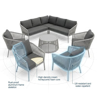 6-Piece Aluminum Patio Furniture Set, Olefin Rope Modern Outdoor Conversation Set Sectional Sofa with Water Repellent Thick Cushions and Coffee Table for Balcony, Garden, Light Grey — How It Works