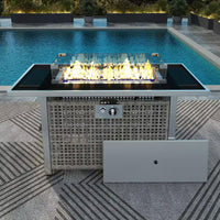 43 In. Propane Gas Fire Pit Table, 60000 BTU Rectangular Open Weave Wicker Fire Pit with Glass Wind Guard in Gray