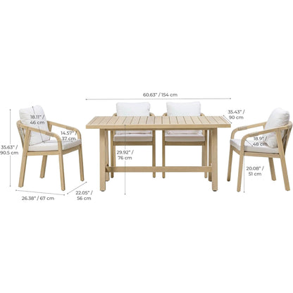 5-Piece Outdoor Dining Set, Solid Eucalyptus Wood Patio Furniture with Handwoven Rope Chairs, Weather-Resistant Cushions, Large Table for Backyard, Deck or Balcony, Natural Finish