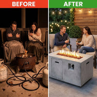 Concrete Outdoor Propane Fire Pit Table, 50,000 BTU Square Gas Fire Table with Adjustable Flame, Lava Rocks, Weather-Resistant Design, and Protective Cover for Patio, Deck, or Backyard — Before & After