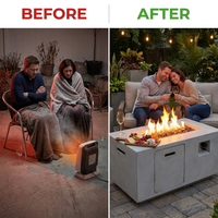 Concrete Outdoor Propane Fire Pit Table, 50,000 BTU Square Gas Fire Table with Adjustable Flame, Lava Rocks, Weather-Resistant Design, and Protective Cover for Patio, Deck, or Backyard — Before & After
