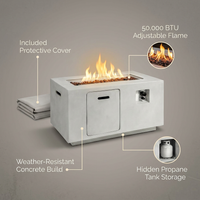 Concrete Outdoor Propane Fire Pit Table, 50,000 BTU Square Gas Fire Table with Adjustable Flame, Lava Rocks, Weather-Resistant Design, and Protective Cover for Patio, Deck, or Backyard — infographic