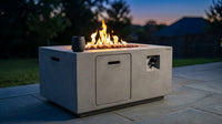 Concrete Outdoor Propane Fire Pit Table, 50,000 BTU Square Gas Fire Table with Adjustable Flame, Lava Rocks, Weather-Resistant Design, and Protective Cover for Patio, Deck, or Backyard — Lifestyle