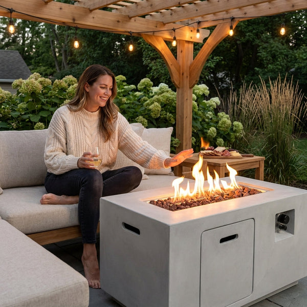 Propane Fire Pit Table Built for Year-Round Use, 50,000 BTU, Square Design, Weather-Resistant Concrete