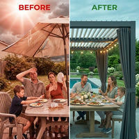 Louvered Pergola Designed for All-Weather Outdoor Dining, 12X20 Aluminum Frame, Adjustable Roof, Curtains — Before & After
