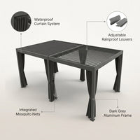 Louvered Pergola Designed for All-Weather Outdoor Dining, 12X20 Aluminum Frame, Adjustable Roof, Curtains — infographic