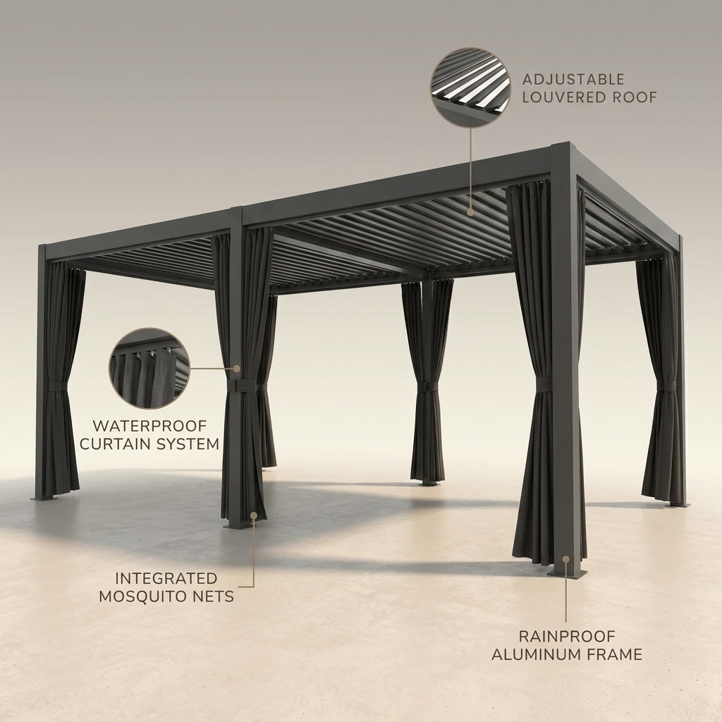 Louvered Pergola Designed for All-Weather Outdoor Dining, 12X20 Aluminum Frame, Adjustable Roof, Curtains — infographic