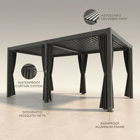 Louvered Pergola Designed for All-Weather Outdoor Dining, 12X20 Aluminum Frame, Adjustable Roof, Curtains — infographic