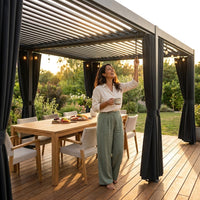 Louvered Pergola Designed for All-Weather Outdoor Dining, 12X20 Aluminum Frame, Adjustable Roof, Curtains — Lifestyle