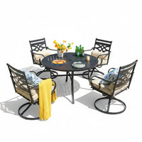 Outdoor Dining Set Designed for Year-Round Use, 5-Piece Metal Frame, Swivel Rocker Chairs, Beige Cushions