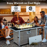43 In. Propane Gas Fire Pit Table, 60000 BTU Rectangular Open Weave Wicker Fire Pit with Glass Wind Guard in Gray
