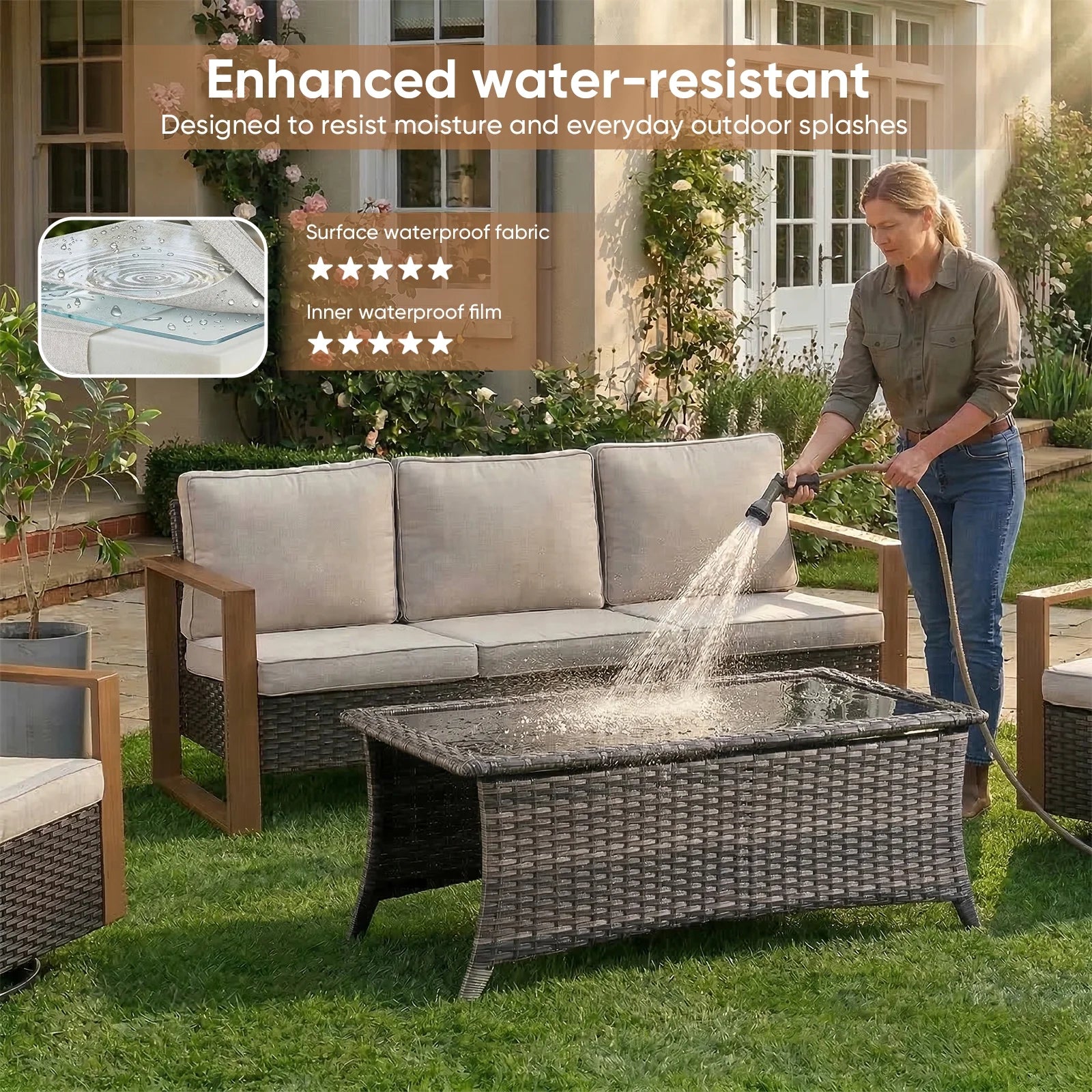 Luxury Outdoor Wicker Patio Furniture Set,5 Piece Deep Seating Outdoor Conversation Set with Patio Swivel Rocker Patio Chairs,Rattan Couch and Ottomans for Deck Porch Poolside