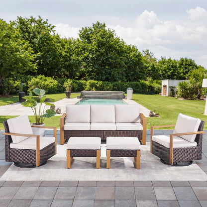 Luxury Outdoor Wicker Patio Furniture Set,5 Piece Deep Seating Outdoor Conversation Set with Patio Swivel Rocker Patio Chairs,Rattan Couch and Ottomans for Deck Porch Poolside
