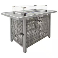 43 In. Propane Gas Fire Pit Table, 60000 BTU Rectangular Open Weave Wicker Fire Pit with Glass Wind Guard in Gray